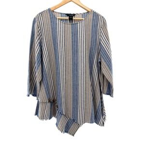 Ali Miles Womens XL Linen Cotton Striped Asymmetrical Frayed Hem Tunic Relaxed
